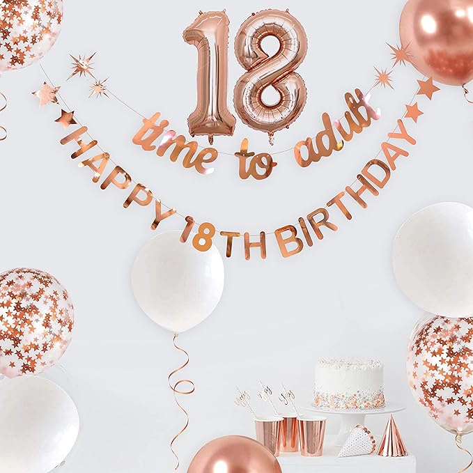 Rose Gold Time to Adult Happy 18th Birthday Banner Garland Foil Balloon 18 for 18th Birthday Decorations Hanging Eighteen Year Old Birthday Party Decor for Men Boys Girls 18 Birthday Party Supplies