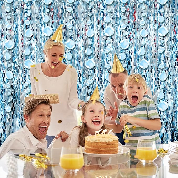 Blue Wave Shaped Streamers Ocean Themed Tinsel Foil Fringe Curtain with Bubble Garlands for Beach Under The Sea Party Decorations (3.3 feet Curtain 3 Bubble Garlands)