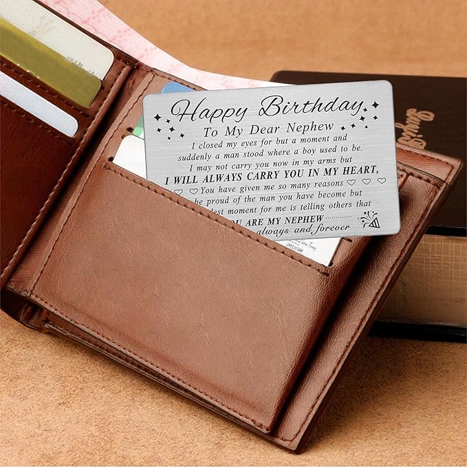 DEGASKEN Birthday Card for Nephew Adult - Nephew Birthday Card from Aunt - Happy Birthday Gifts for Nephews, Special Metal Engraved Wallet Cards