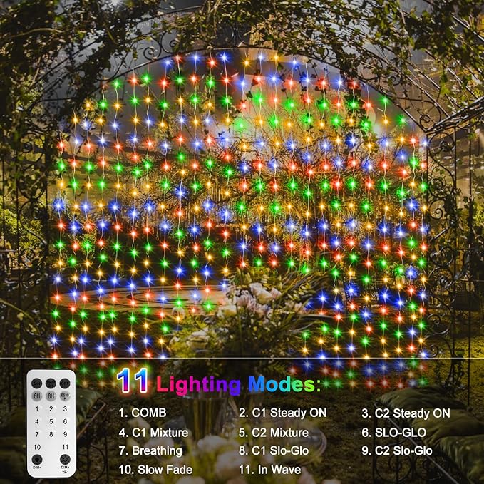 Curtain Lights Battery Operated, 200 LED 6.6Ft x 6.6Ft Dual Color Changing with Remote Timer, Outdoor Curtain Lights Waterproof for Wedding Bedroom Holiday Party Decor (Warm White & Multicolor)