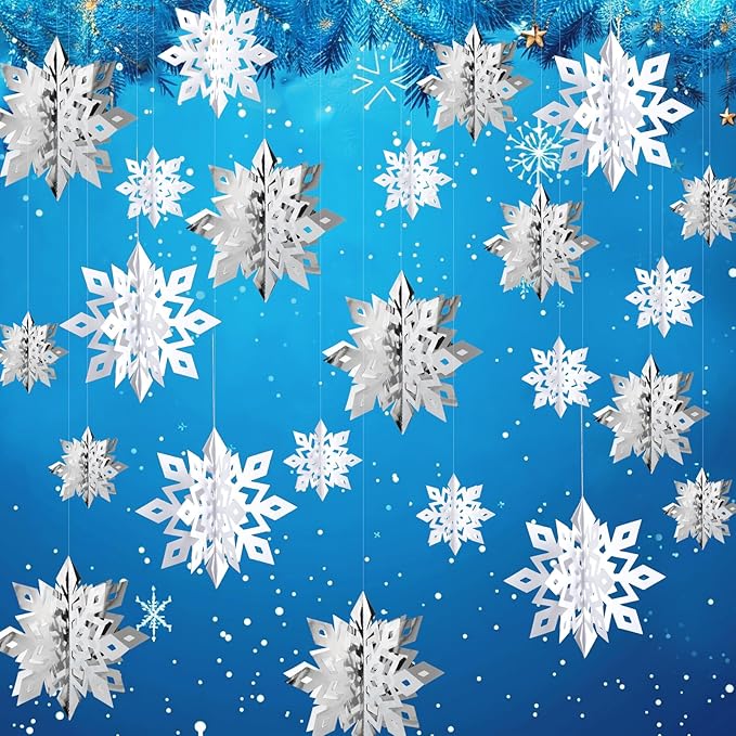 OuMuaMua Winter Christmas Snowflake Decorations Indoor, 36PCS 3D Large White and Silver Snowflakes Hanging Ornaments for Home Xmas Christmas Holiday Winter Wonderland New Year Party Decorations