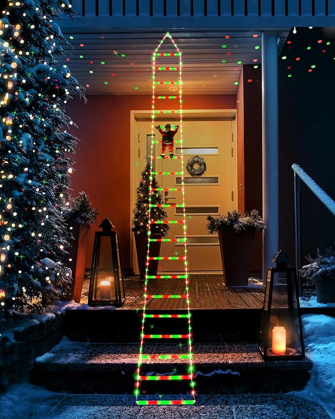 Toodour LED Christmas Lights - 10ft Christmas Decorative Ladder Lights with Santa Claus, Xmas Decorations Light for Indoor Outdoor, Window, Garden, Home, Wall, Xmas Tree Decor - Red & Green