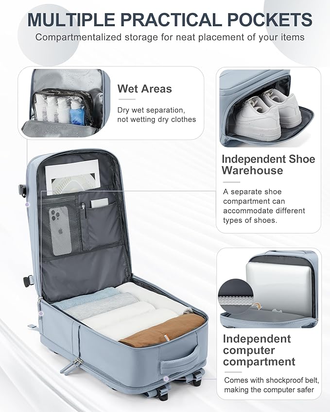 coowoz Large Travel Backpack Carry On for Women Man Waterproof Gym Backpack with Laptop Compartment Mochila de Viaje Teacher Personal Item Backpacks Rucksack Airplane Accessories Must Haves Gray Blue