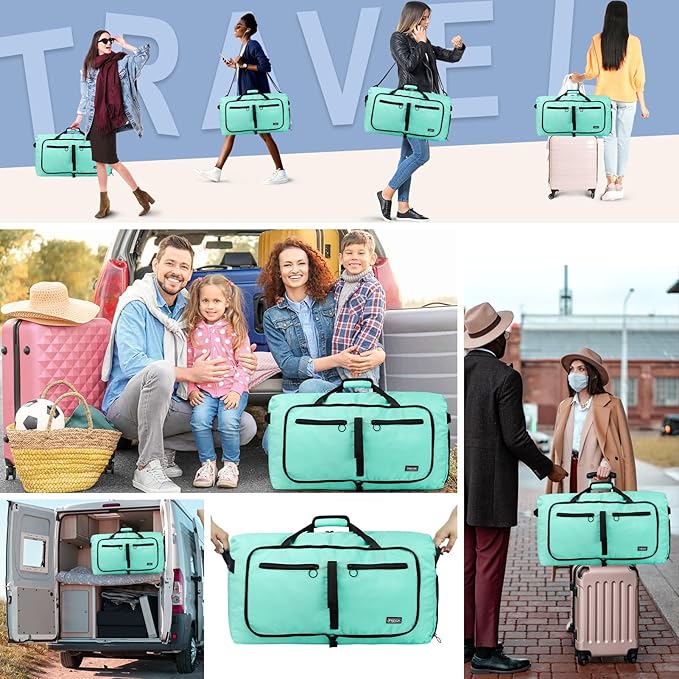 Fmeida 65L Duffle Bag with Shoes Compartment, Foldable Travel Duffel Bags for Men Women, Large Packable Travel Bag Water Repellent & Tear Resistant (Mint Green)