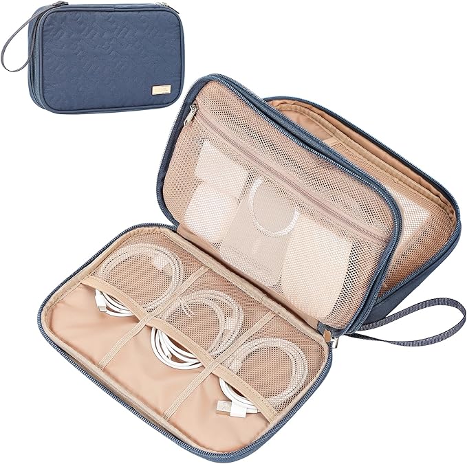 NISHEL Travel Cord Organizer Case, Double Layers Tech Electronic Bag, Essentials for Charger, Cable, Phone, Flash drive, Large, Aegean-Blue