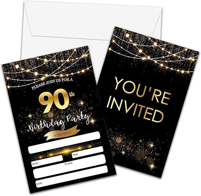 90th Birthday Invitations with Envelopes - Black Gold Glitter Fill-in Invites Cards - Surprise Birthday Party Invitation Card for Him/Her - Adults Birthday Party Favors Supplies Decorations (20 Pack)