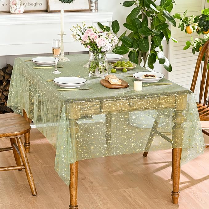 Horaldaily Sage Green Gold Sparkling Star Gauze Tablecloth 60x84 Inch Rectangular, Golden Star Sequin Glitter Metallic Foil, Sheer Tulle Cheesecloth for Wedding Baby Shower Party