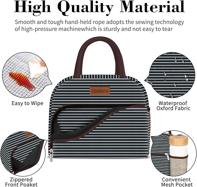 Coobiiya Lunch Bag Women, Lunch Box for Women Adult Men, Small Leakproof Cute Lunch Tote Large Capacity Reusable Insulated Cooler Lunch Container for Work/Office/Picnic/Travel-Stripe