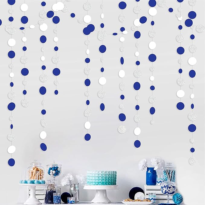 46 Feet Navy Blue White and Silver Circle Dots Garland Royal Blue Hanging Paper Polka Dots Streamer for Birthday Wedding Bridal Baby Shower Nautical Ahoy Achor Pirate Theme Party Decorations Supplies