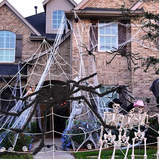 OCATO 200" Halloween Spider Web + 59" Giant Spider Decorations, Fake Spiders with Triangular Huge Spider Web, Indoor/Outdoor/Halloween Decorations/Yard/Home/Costumes Parties/Haunted House Decor, Black