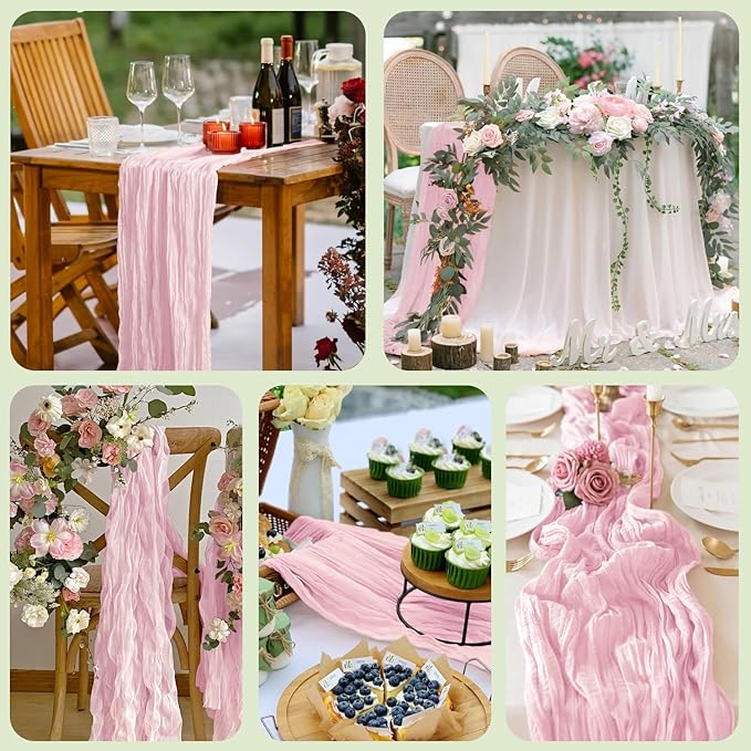 Wokceer 12Pack Pink Cheesecloth Table Runner 10FT Boho Gauze Spring Easter Cheese Cloth Table Runner for Party Rustic Sheer Runners for Baby Bridal Shower Wedding Christmas