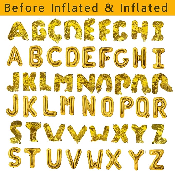 Gold Letter Balloons Foil Alphabet A-Z Balloons Custom Personalized Phrase Banner for Birthday Wedding Party Decoration(16 Inch A-Z 26 Pcs)