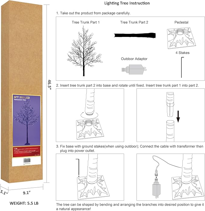 LIGHTSHARE 6FT Halloween Willow Tree 200 LED Lights Artificial Black Spooky Tree for Home, Festival, Nativity,Party, and Christmas Decoration, Indoor and Outdoor Use (Purple, 6FT)