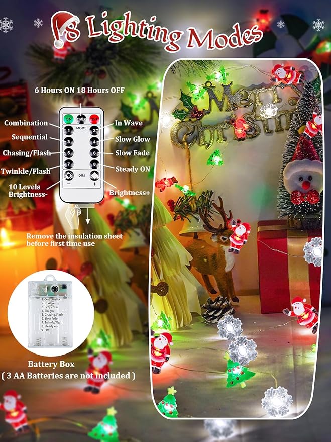 Christmas String Lights Decoration, 10ft 30LED Christmas Tree Santa Snowflake Fairy Lights Battery Operated with Remote, 8 Modes & Timer, Twinkle Light for Xmas Tree Party Indoor Outdoor Decoration