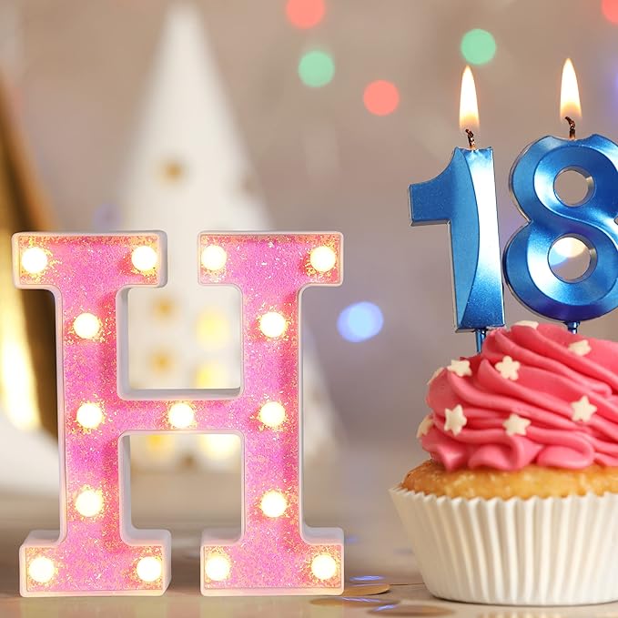 Foaky Pink Light up Letters，Pink Party Decorations,Girls Room Decor,Glitter Light Up Letters,Alphabet Letter Sign for Night Light Birthday Party Girls Gifts, Home Bar Decoration（V）