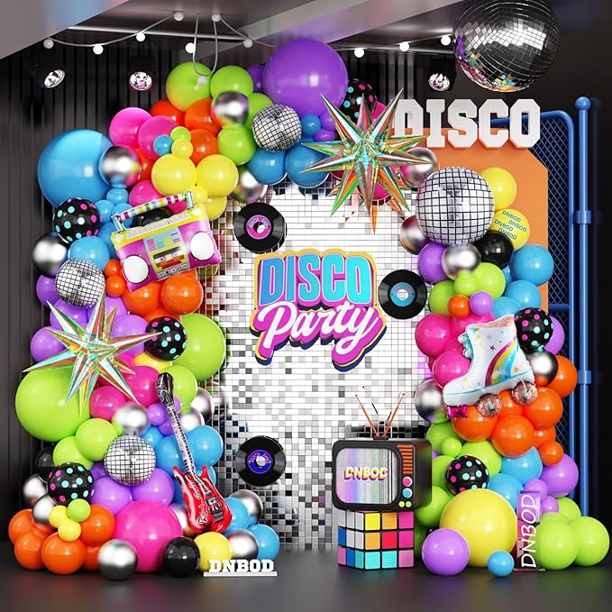 90s Retro Party Balloon Garland Kit,135Pcs Mix Neon Colors Balloon Arch with Radio,Guitar,Roller Skate,Laser Explosion Star,Disco Ball foil Balloons for Back to 80s 90s Rock Theme Party Decorations