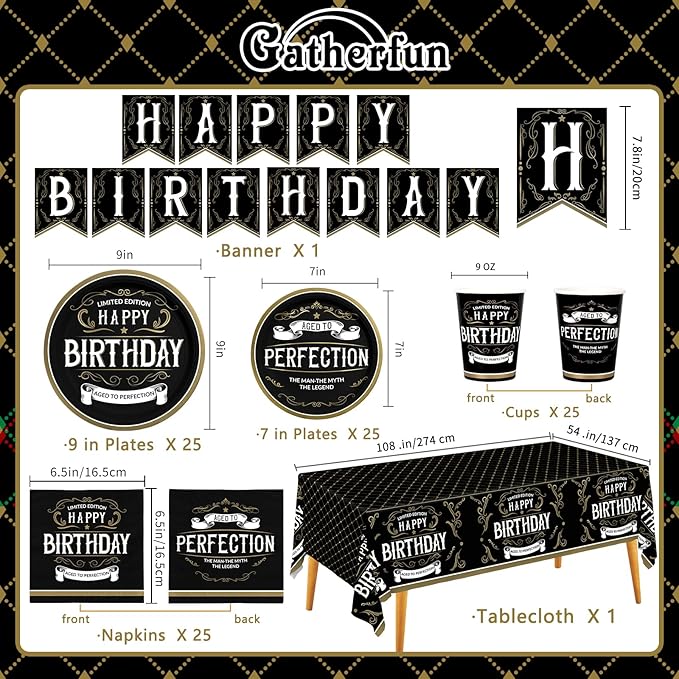 Birthday Party Supplies Disposable Paper Plates Napkins Cups Tablecloth and Banner for Happy Birthday Party Decorations, Serve 25