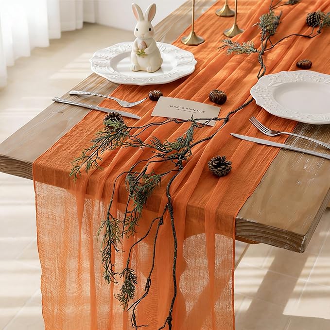 Keketoarrange 6pcs Orange Gauze Rustic Cheesecloth Table Runner 120 Inch 10 FT for Wedding Baby Shower Bridal Shower Birthday Engagement Garden Outdoor Party Long Sheer Boho Decorations
