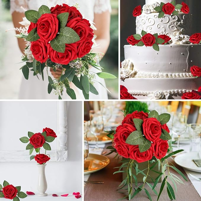 AmyHomie Artificial Flower Dark Red Rose 25pcs Real Looking Fake Roses w/Stem for DIY Wedding Bouquets Centerpieces Arrangements Party Baby Shower Valentines Day Christmas Tree Decorations