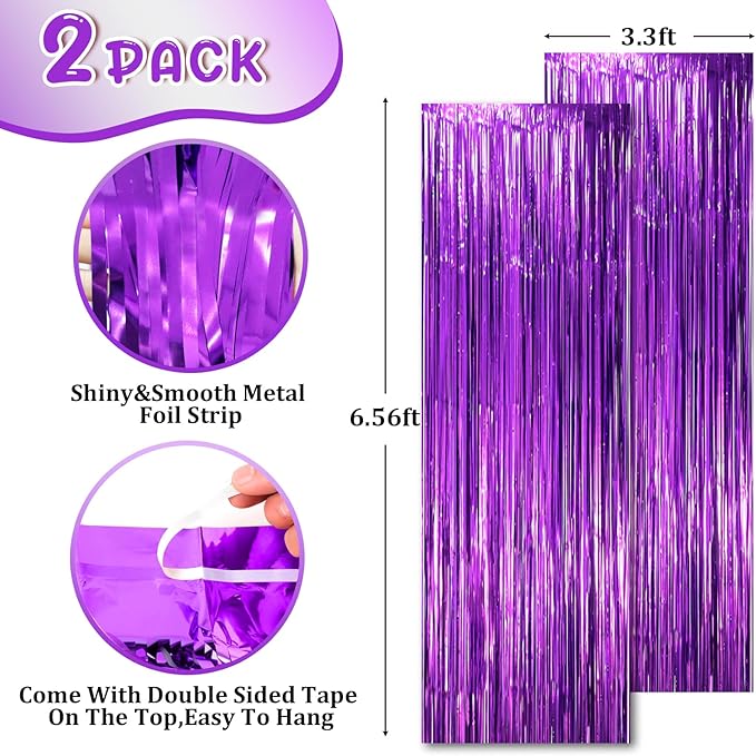 2 Pack Purple Tinsel Foil Fringe Curtains, Purple Party Decorations, Metallic Tinsel Party Streamers Backdrop for Halloween Mermaid Bachelorette Graduation Party Decorations