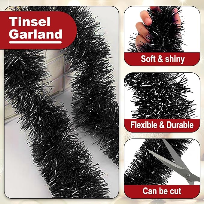 50 Feet Christmas Tinsel Garland, Metallic Twist Wall Hanging Tinsel Backdrop for Parade Floats, Carnival, Birthday, Wedding, New Year Party Decorations (Black, 2in x 50ft)