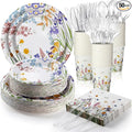 350 Pcs Easter Spring Floral Party Decoration Paper Plates Disposable Tableware Napkins Cups Knives Forks Spoons for 50 Guests Floral Baby Shower Party Tableware for Birthday