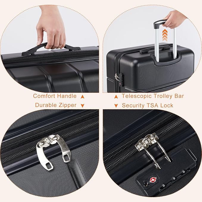 Sweetcrispy Carry on Suitcase, Luggage with Spinner Wheels, Hard Shell ABS, TSA Lock, 28 Inch Black