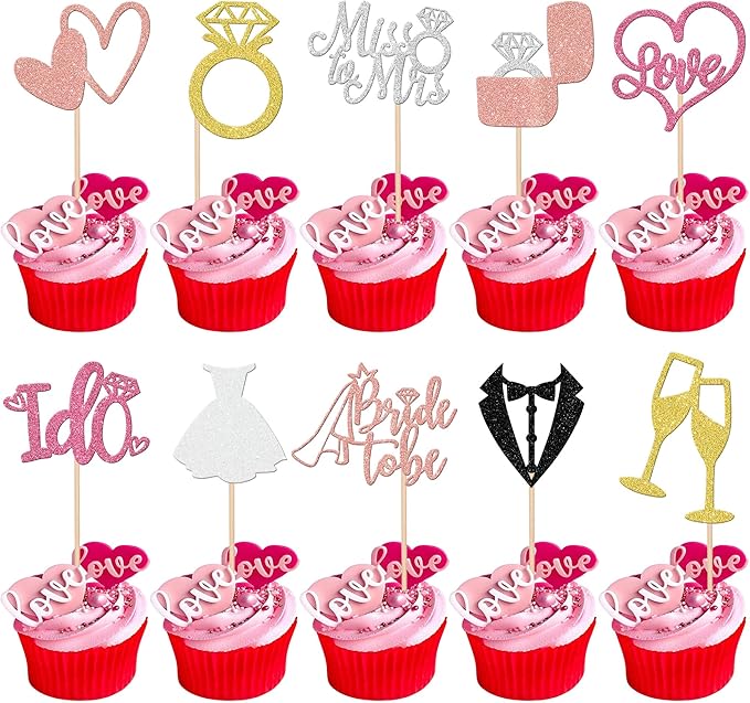 30 PCS Bride to Be Cupcake Toppers Wedding Cake Toppers I Do Love Heart Ring Miss to Mrs Cupcake Picks Wedding Engagement Decorations for Bridal Shower Engagement Bachelorette Party Supplies Colorful