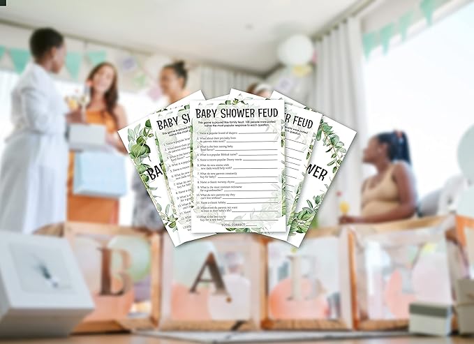 Baby Shower Game Cards, Baby Shower Feud Game, Tropical Jungle Theme Party Cards for Gender Neutral Boys or Girls, Set of 30 (Green004)
