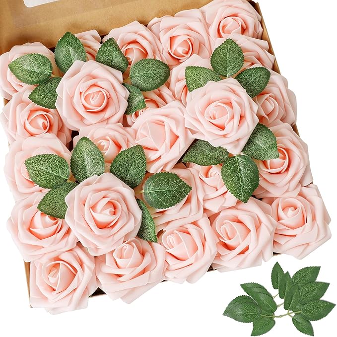 AmyHomie Artificial Flower Blush Pink Rose 25pcs Real Looking Fake Roses w/Stem for DIY Wedding Bouquets Centerpieces Arrangements Party Baby Shower Valentines Day Christmas Tree Decorations