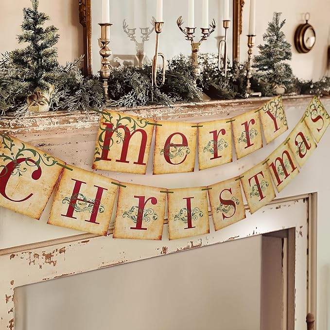 Christmas Decorations - Vintage Merry Christmas Banner - Retro Nostalgic Traditional Old Fashioned Victorian Xmas Holiday Clearance Decor for Indoor Home Office Fireplace Mantle Farmhouse