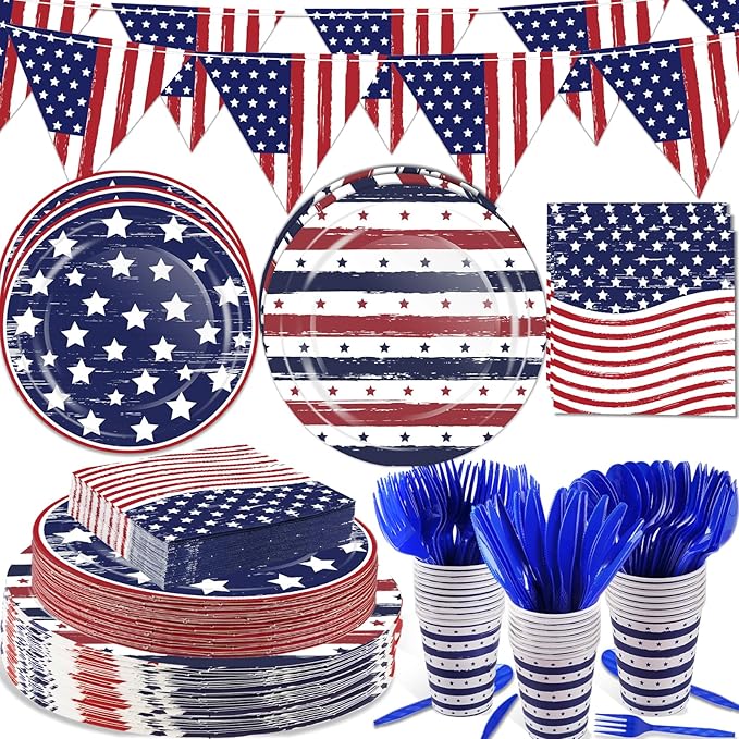 OuMuaMua Patriotic Party Supplies 184 Pcs American Flag Themed Tableware Set 4th of July Disposable Paper Plates Napkins Cups and Banner for Independence Day Memorial Day Party Decorations Serves 25