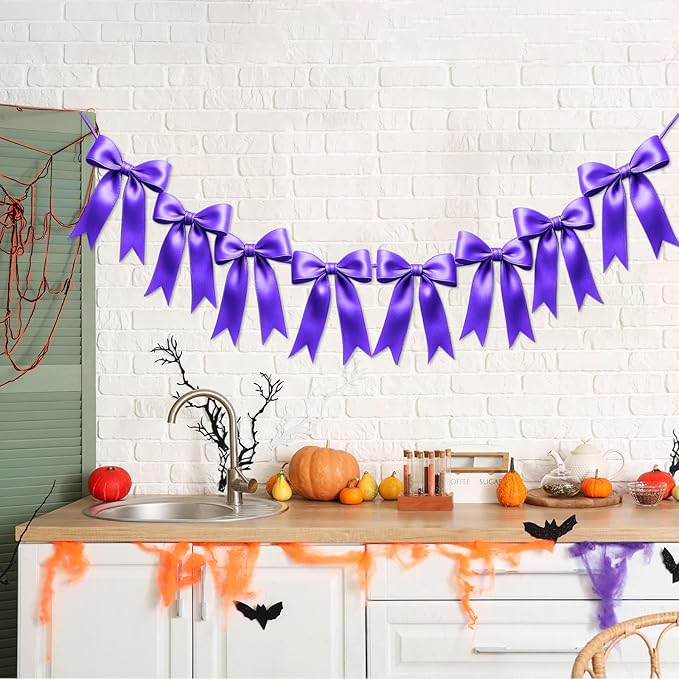 2 Strings of 16PCS Purple Bow Garlands Banner Decoration,Pre-Strung Satin Ribbon Ornaments for Birthday,Bachelorette Party,Bridal Shower,Wedding,Engagement,Baby Shower,Graduation Decor,Anniversary