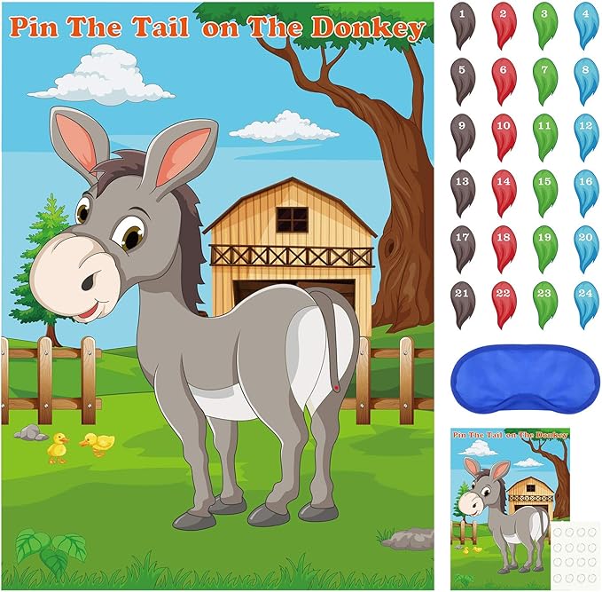 FEPITO Pin The Tail on The Donkey Party Game with 24 Pcs Tails for Kids Birthday Party Decorations, Carnival Circus Party Supplies