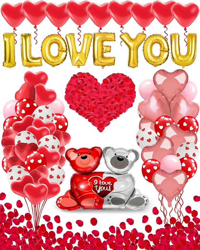 Valentines Balloon Kit Decor with I Love You Balloons, Heart Balloons with 1000 Pcs Silk Red Rose Petals for Valentines Day Galentines Party Decorations Proposal Wedding Anniversary Decor