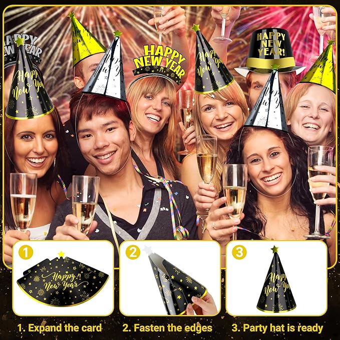 40PCS New Years Eve Party Supplies for 20 Guests, New Years Party Hats Headbands Blowouts Gold Black New Years Accessories, Tiaras Top Hat Friged NYE Noise Makers Cone Hat Horns for New Years Party