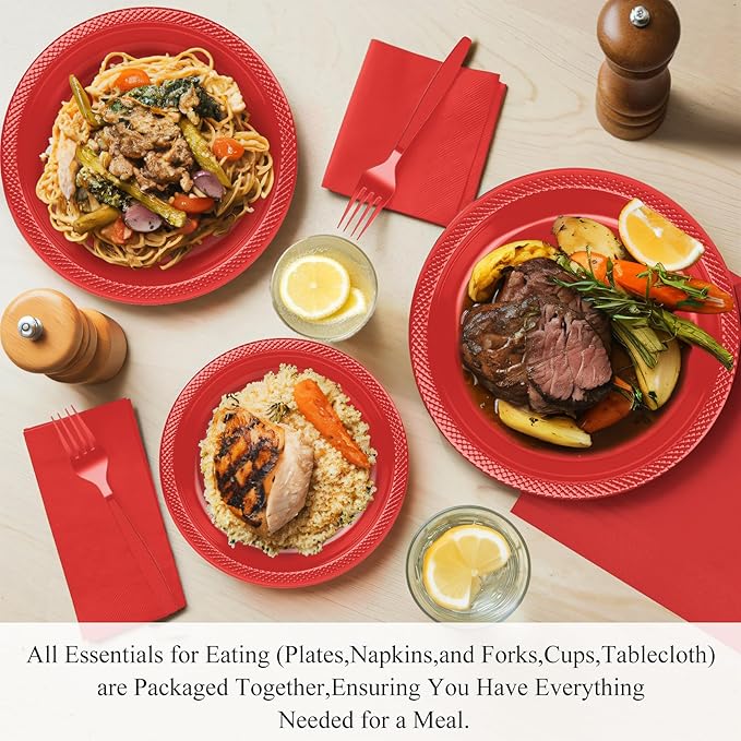 Red Plastic Dinnerware Set for Party, Disposable Plates for 100 Guests, 9" Dinner Plates & 7" Dessert Plates,Cups,Napkins,Forks,Plastic Plate Set for Birthday,BBQ,Christmas