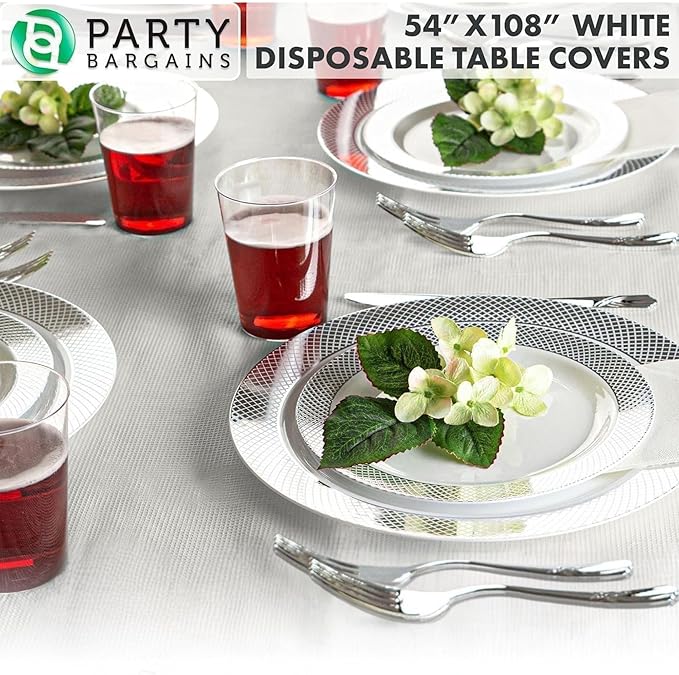 PARTY BARGAINS Disposable Table Covers, 54 x 108 Inch, White, 3-Ply Paper & Plastic Spill-Resistant Party Tablecloths, 1 Pack
