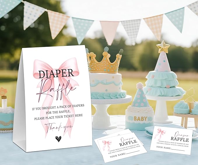 Pink Bow Baby Shower Diaper Raffle, Baby Shower Game, Include One 5×7 Sign and 50 Diaper Raffle Tickets, Pink Coquette Bow Gender Reveal Party Decoration Supplies - FG17