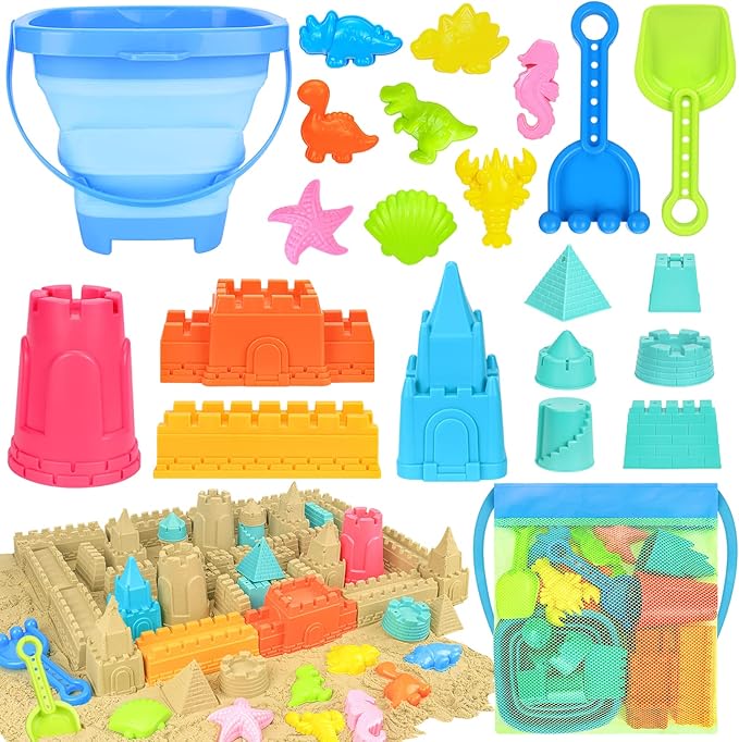 Collapsible Beach Toys for Kids Toddlers, Collapsible Sand Bucket and Shovels Set with Mesh Bag,Travel Sand Castle Building Kit, Sandbox Toys, Foldable Beach Essentials for Toddlers Kids Age 3-10 ﻿