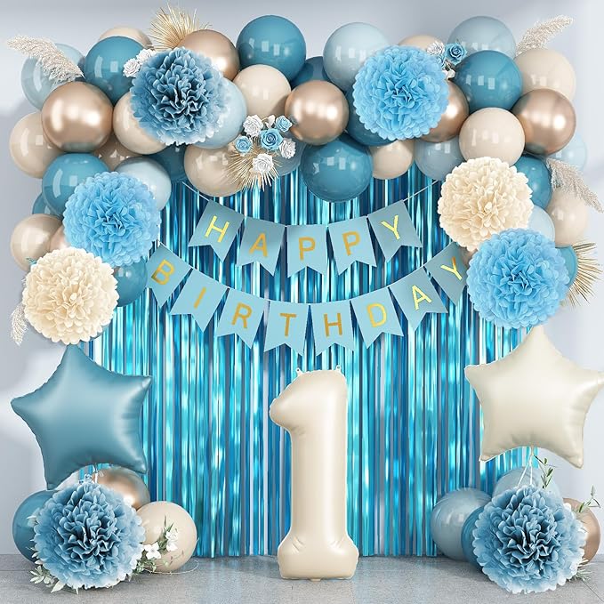 Dusty Blue 1st Birthday Decorations Beige Cream Number 1 Balloon with Blue Gold Happy Birthday Banner Fringe Curtain Paper Pom Poms Nude White Sand Champagne Star Foil Balloons Party Decor