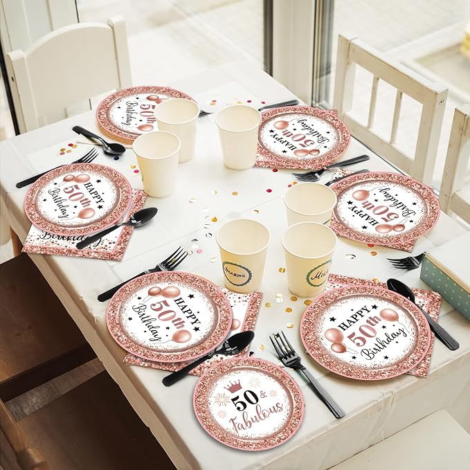 96 Pcs 50 and Fabulous Birthday Party Plates Napkins Tableware Set Rose Gold 50th Birthday Supplies Disposable Dinnerware Fifty Decoration Favors for Women, 24 Guests