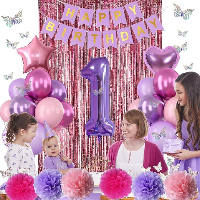 Pink Purple 1st Birthday Party Decorations for Girls Number 1 Balloon Happy Birthday Banner Butterfly Stickers Fringe Curtain Paper Pom Poms Metallic Hot Pink Star Foil Balloons Baby 1 Year Old Decor