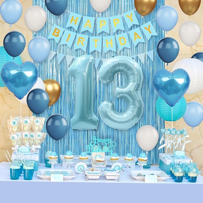 13th Birthday Decorations Blue White Gold,13th Birthday Balloons with Happy Birthday Banner Fringe Curtain Heart Foil Balloons for Boys Girls 13 Year Old Birthday Decor