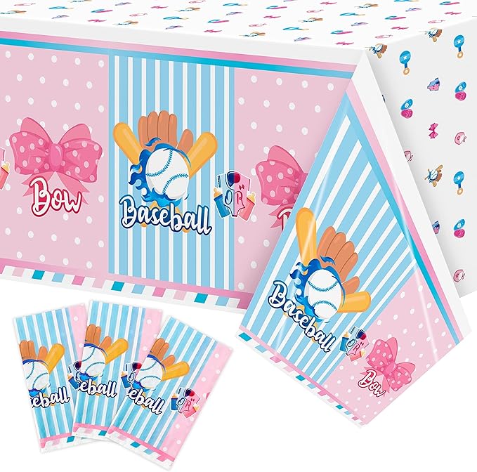 Gender Reveal Table Cover - 3 Packs Sport Baseball or Bow Gender Reveal Disposable Waterproof Plastic Rectangle Table Cloth Gender Reveal Party Favor Decoration Supplies(54x108 Inch)