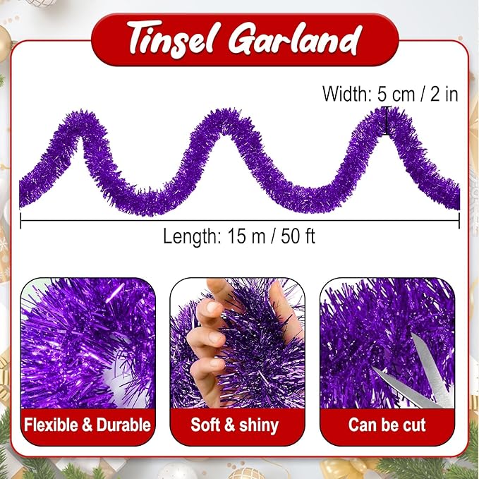 50 Feet Purple Christmas Tinsel Garland, Metallic Foil Twist Banner Wall Hanging Tinsel Streamers Backdrop for Parade Floats, Christmas, Mother's Day, Birthday Party Decorations(2in x 50ft)