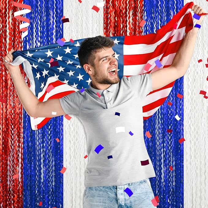 4 Pack White Blue Red Wave Foil Fringe Curtain Backdrop, 3.28Ft x 8.2Ft Metallic Tinsel Foil Fringe Streamer Curtains for Photo Booth, Mother's Day, Easter, Birthday, Wedding Party Decoration
