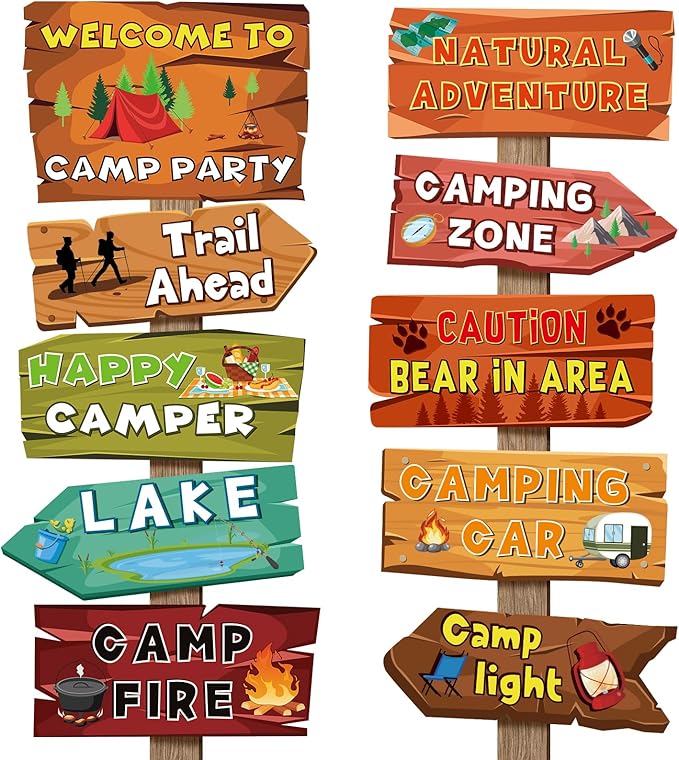 Hooqict 20 Pieces Camping Themed Party Decorations Camping Party Directional Signs for Summer Camp Decor Welcome to Camp Birthday Party Supplies Classroom Wall Door Porch Yard Sign