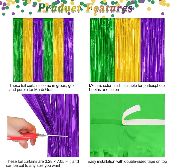 2 Pack Mardi Gras Tinsel Backdrop, 3.28 FT x 7.05 FT Metallic Fringe Curtain, Purple Gold Green Color Foil Backdrop Party Streamer, Mardi Gras Photo Booth Props Lobster Party Decorations