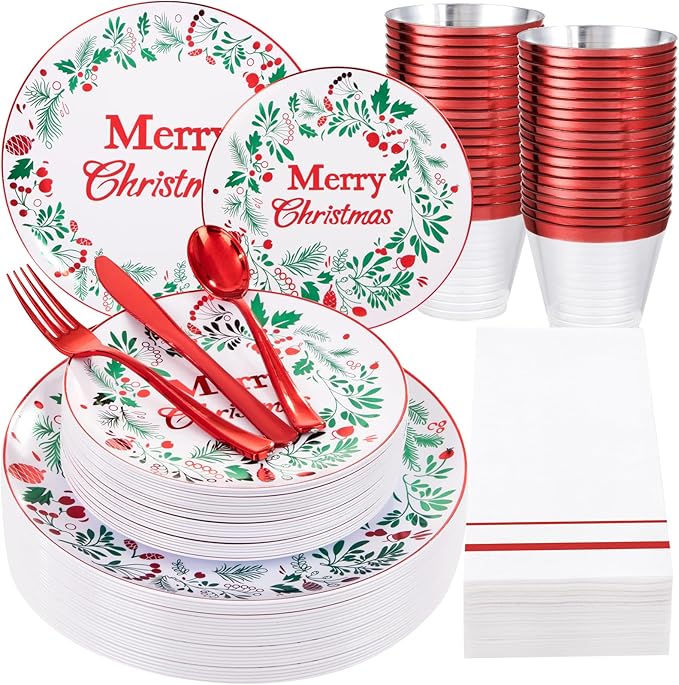 bUCLA 175PCS Christmas Plates Dinnerware Set - Green and Red Christmas Plastic Plates and Napkins Disposable Include 25 Dinner Plates,25 Dessert Plates,75 Cutlery,25 Cups&25 Napkins